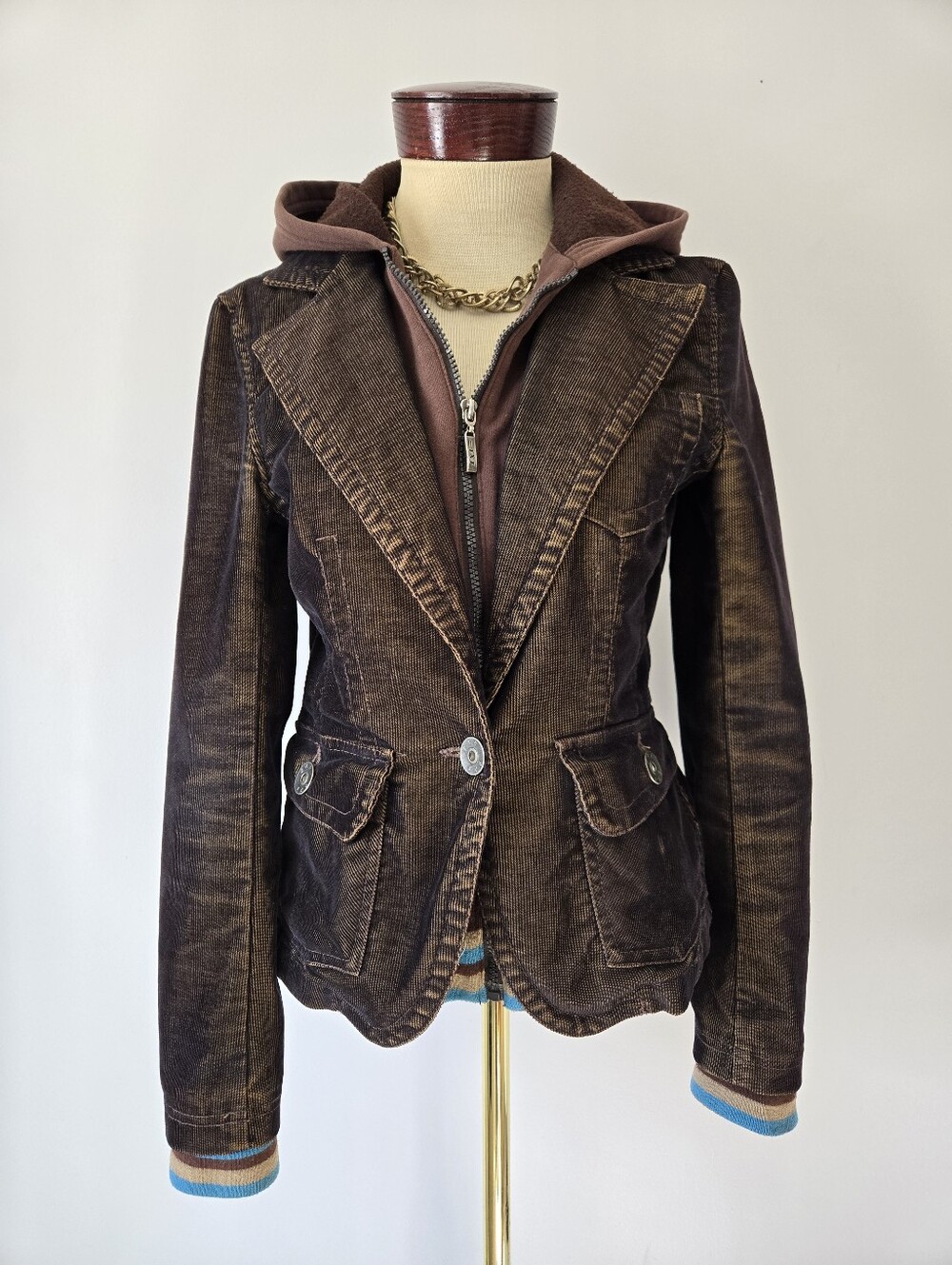Vintage Y2k TXT Brown Corduroy Jacket With Layered Hoodie Insert. Size M